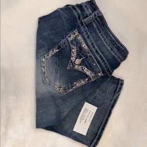 Miss Me Vintage Blue Shorts with Embellished Pocket